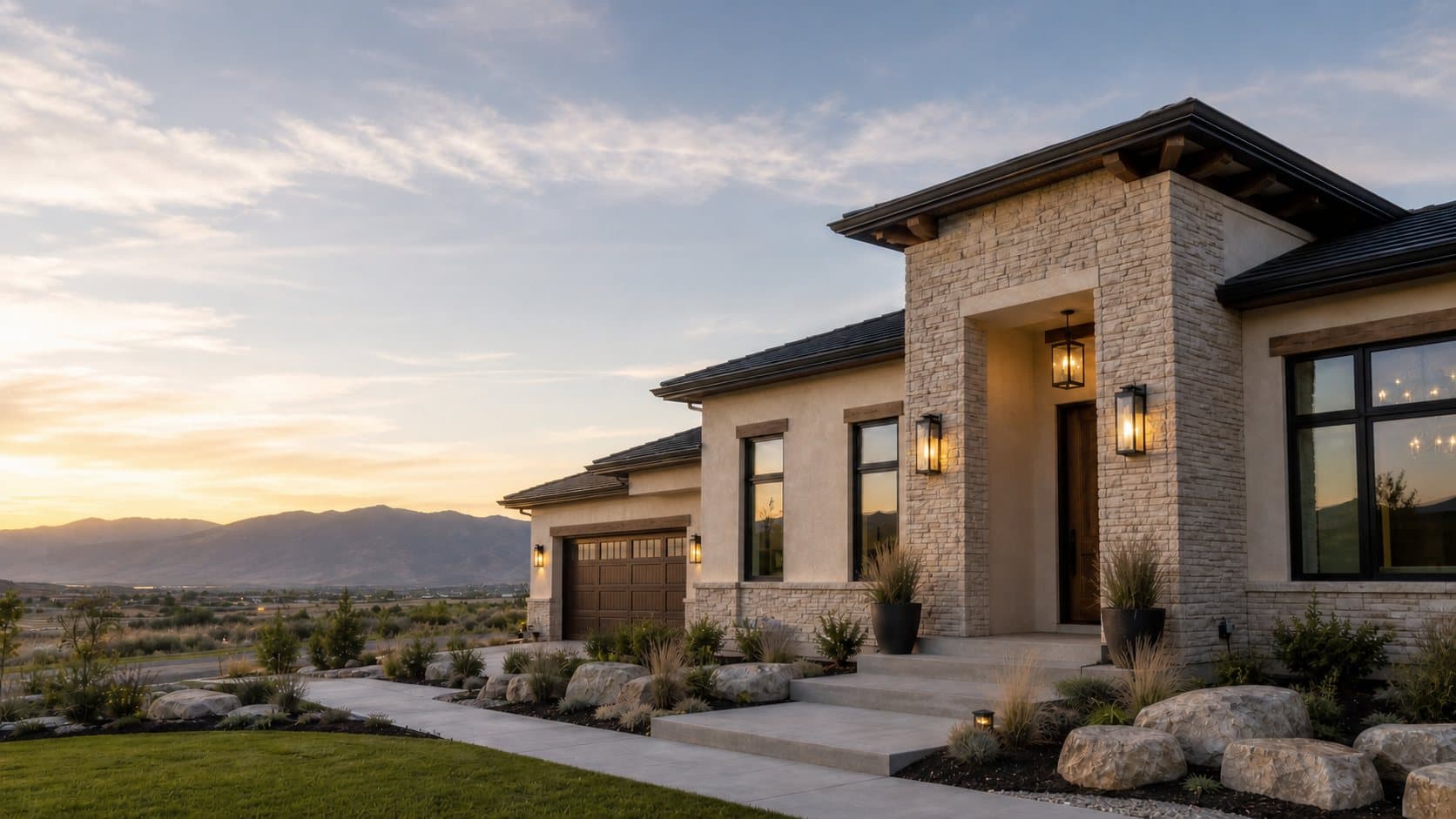 Custom Denium-built home featuring stucco walls and natural stone accents